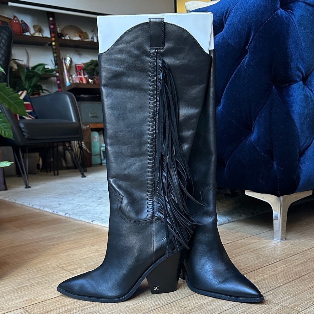 Sam Edelman Black Leather Fringe Boots